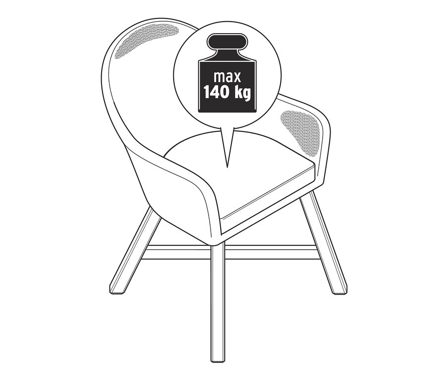 Nákres jídelní židle z teakového jídelního souboru s limitem hmotnosti 140 kg.