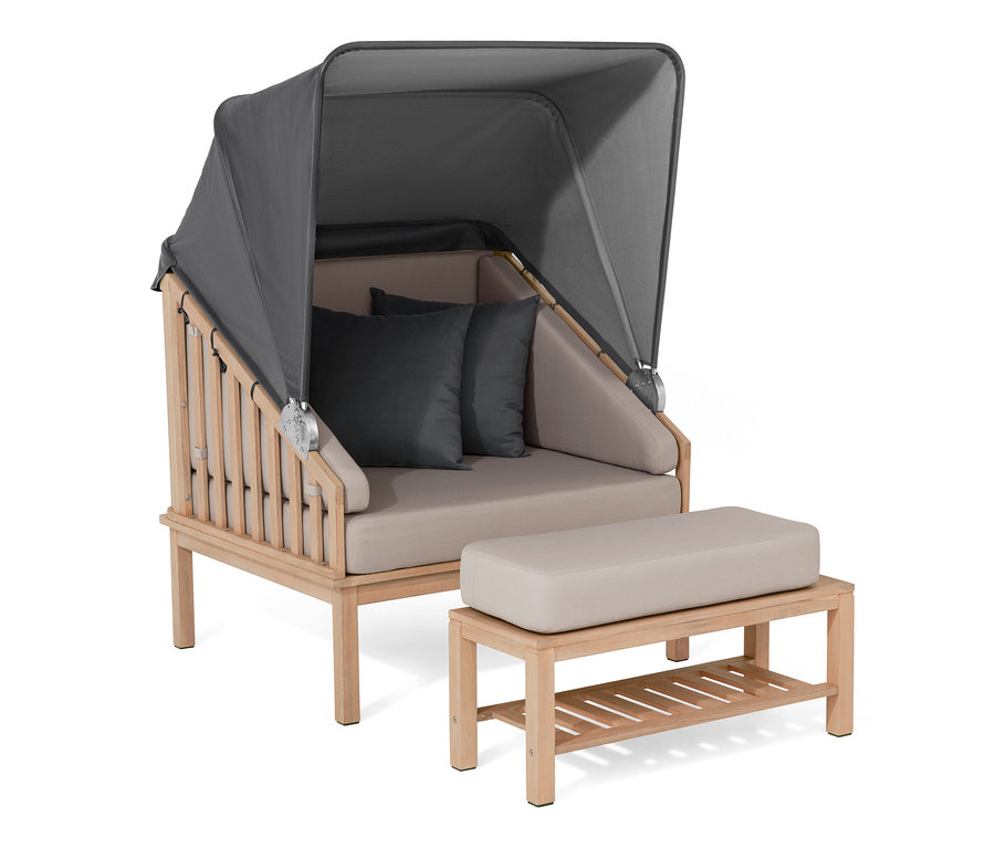 Prémiový plážový koš se stříškou proti slunci a podnožkou.