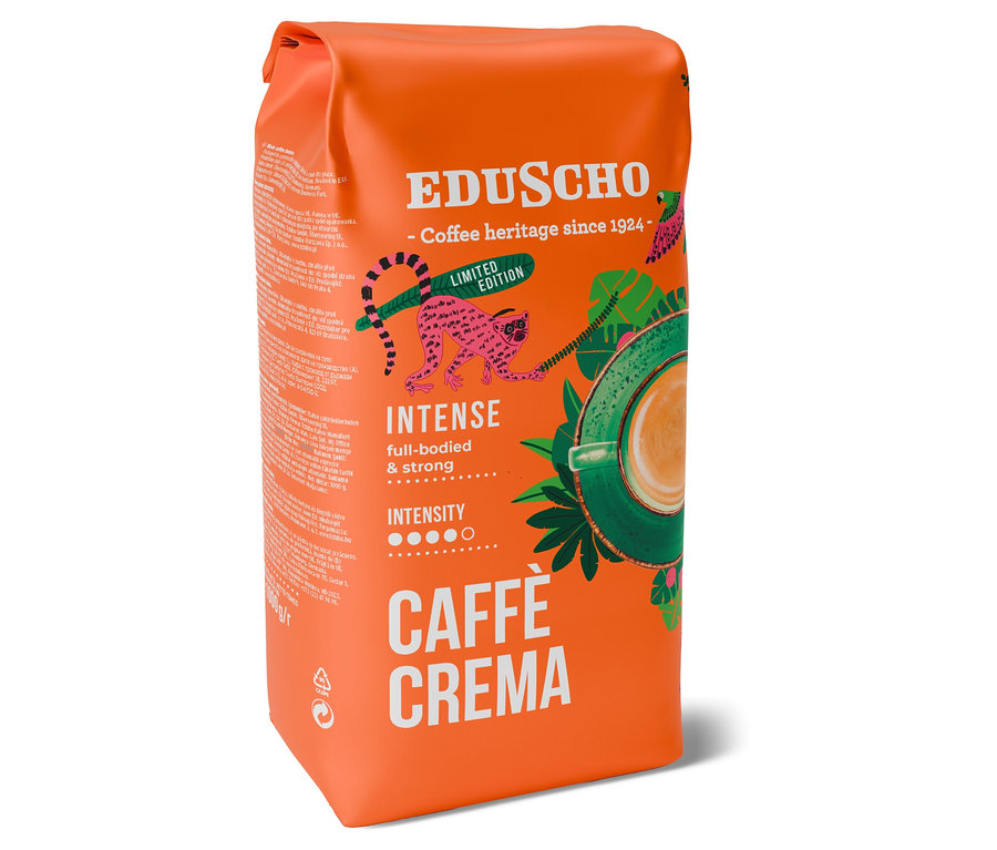 Oranžové balení zrnkové kávy Eduscho Caffè Crema Intense o hmotnosti 1 kg.