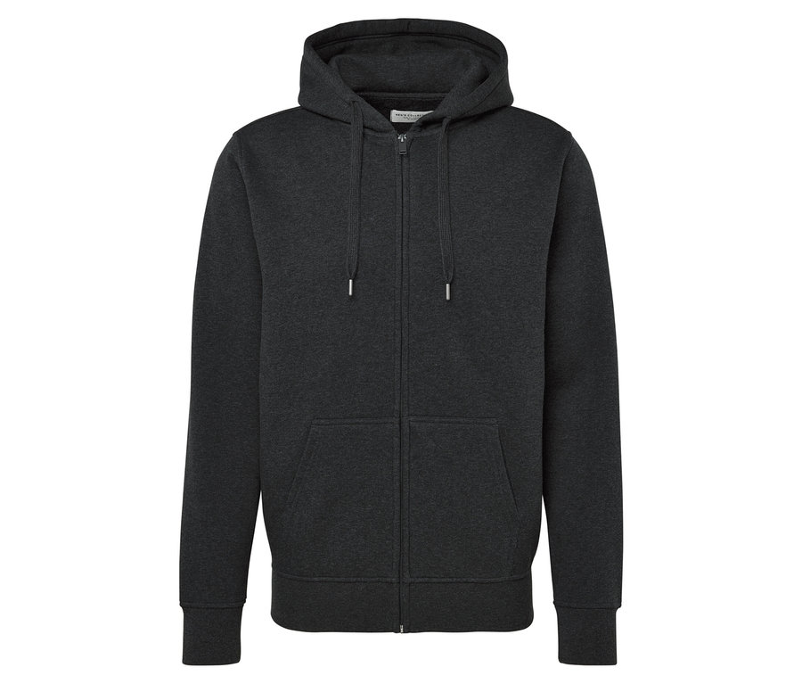 Šedá mikina s kapucí se zipem a kapsami klokanka.