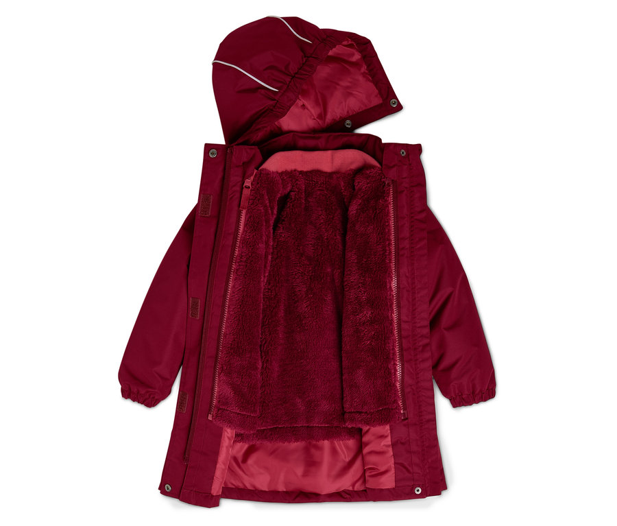 Rozepnutá bordó bunda s kapucí a plyšovou podšívkou.