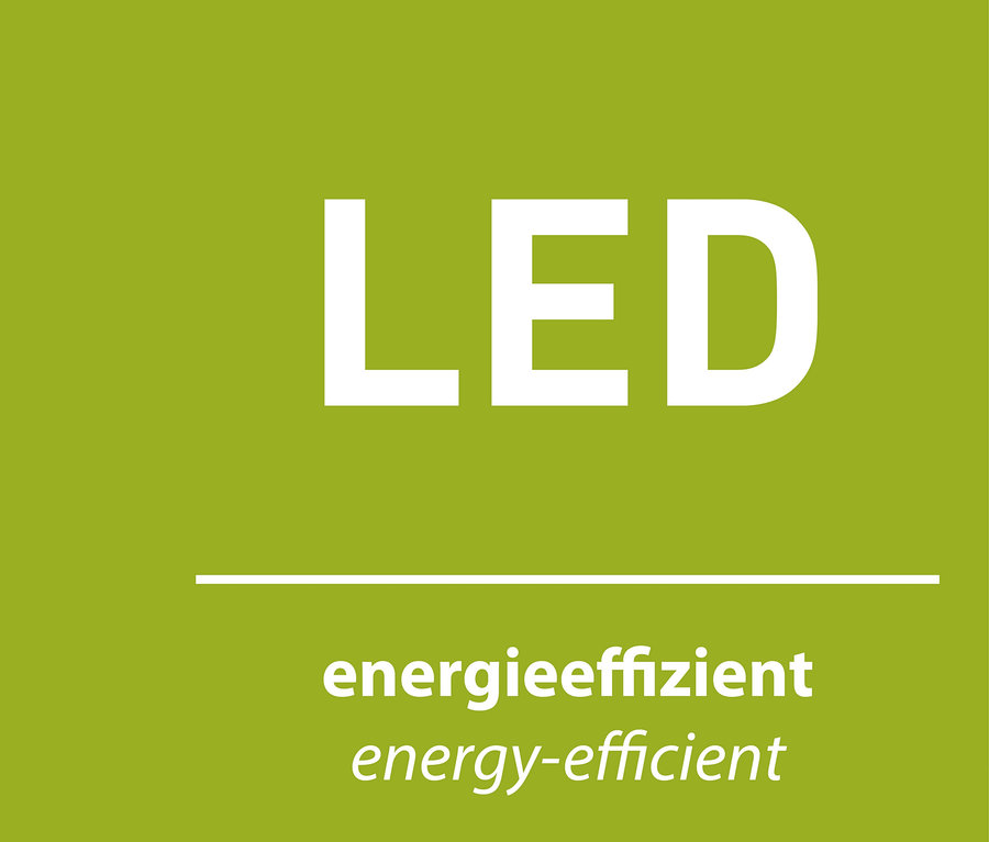 Zelené pozadí s bílým textem "LED", vodorovnou čárou a textem "energieeffizient energy-efficient".