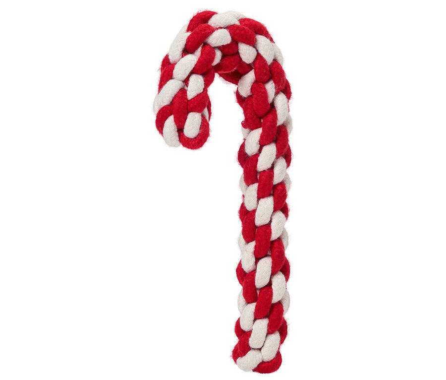 Červeno-bílá provazová hračka pro psy ve tvaru vánoční hůlky na bílém pozadí.