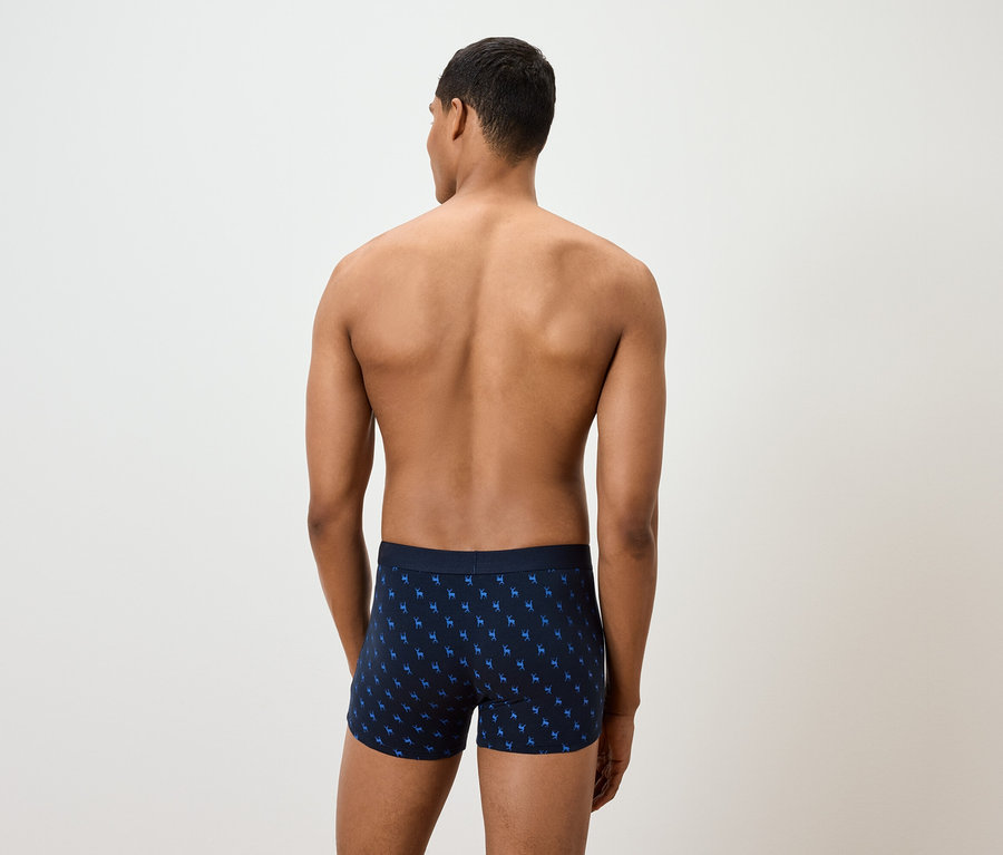 Muž zády k fotoaparátu má na sobě boxerky s potiskem.