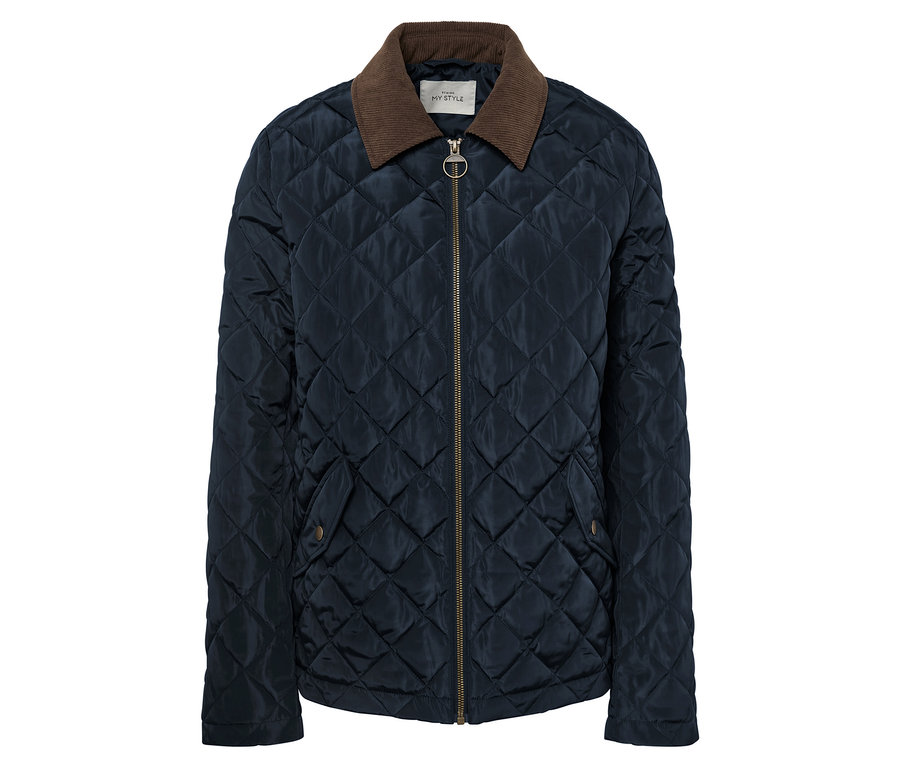 Tmavě modrá prošívaná bunda s hnědým manšestrovým límcem a zlatým zipem.
