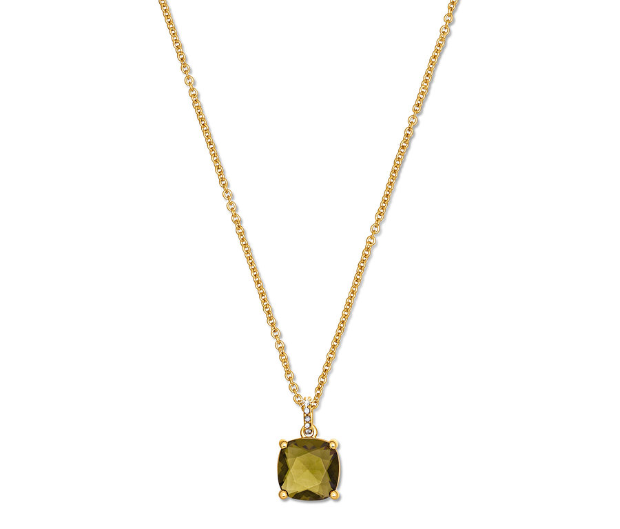 Zlatý náhrdelník s olivově zeleným čtvercovým kamenem.