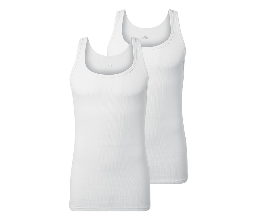 Dva bílé topy z dvojitě žebrovaného materiálu.