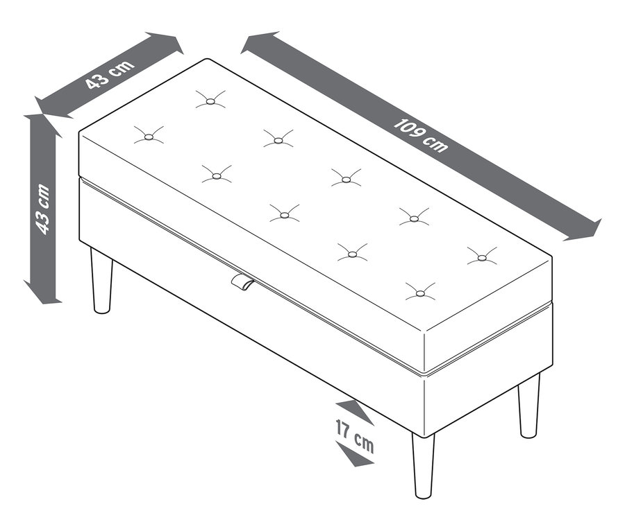 Nákres polstrované lavice s úložným prostorem o rozměrech 43 x 43 x 109 cm a výšce nohou 17 cm.