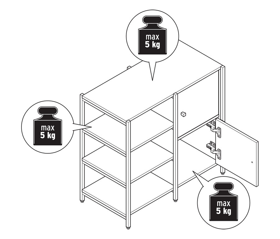 Pohled shora na komodu »GRADE« s otevřenými přihrádkami a 2 dvířky, s pokyny pro maximální hmotnost.