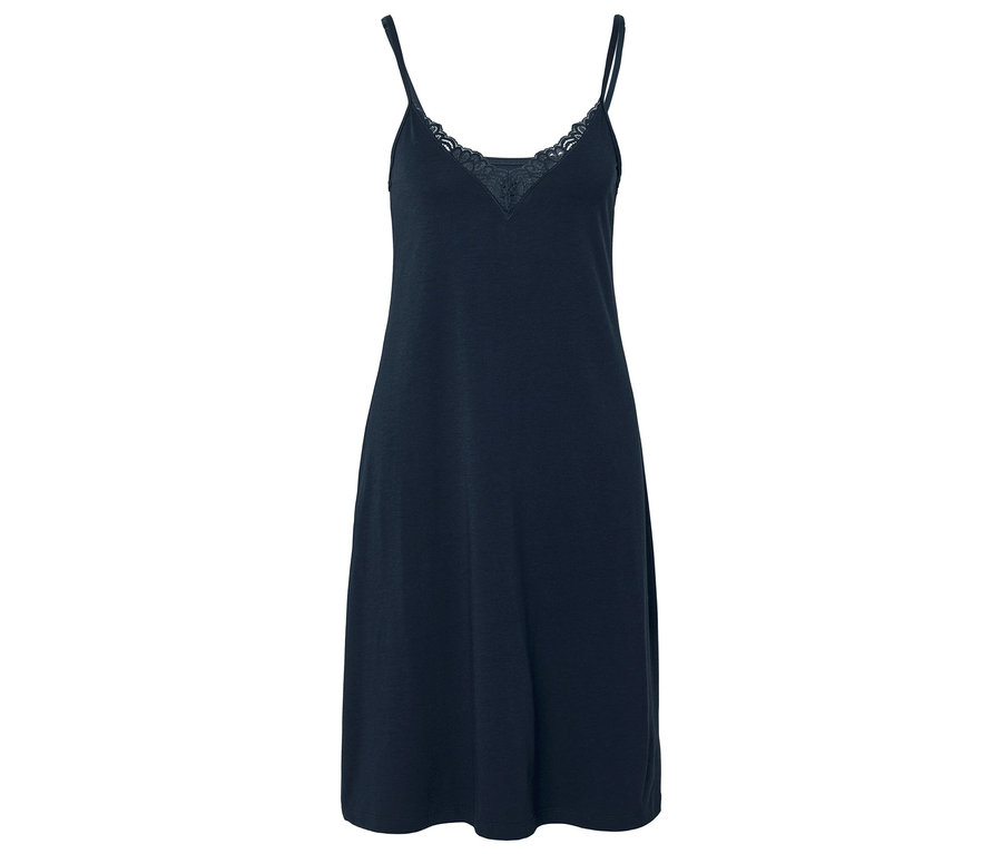 Tmavě modrá noční košile bez rukávů s krajkovým lemem na výstřihu.