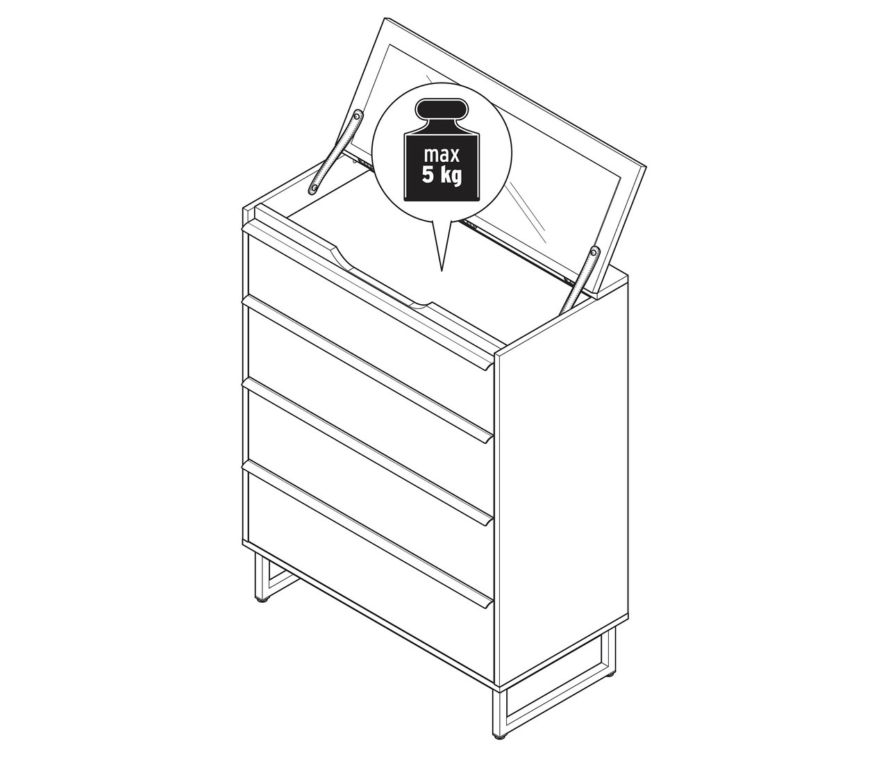 Komoda »LEEG« se 4 zásuvkami a zrcadlem, s otevřenou horní zásuvkou.