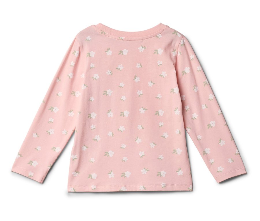 Světle růžový top s dlouhým rukávem s bílým květinovým vzorem.