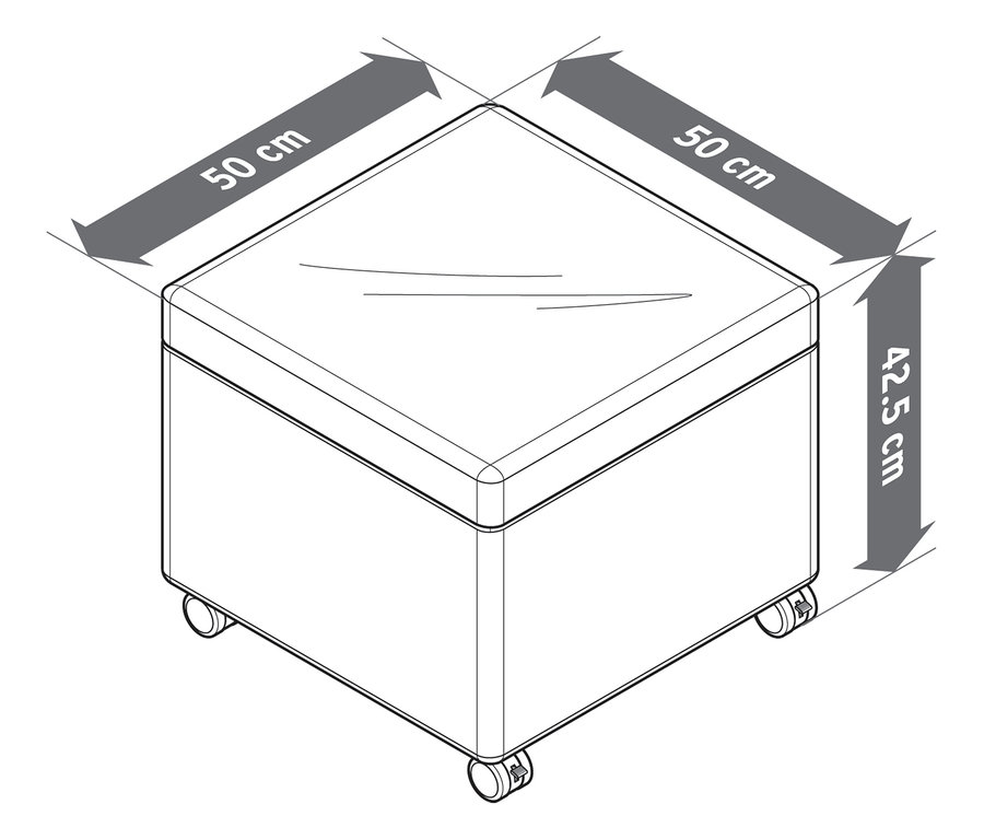 Pohled shora na schematický puf s kolečky a podnosem o šířce 50 cm x 50 cm a výšce 42,5 cm.