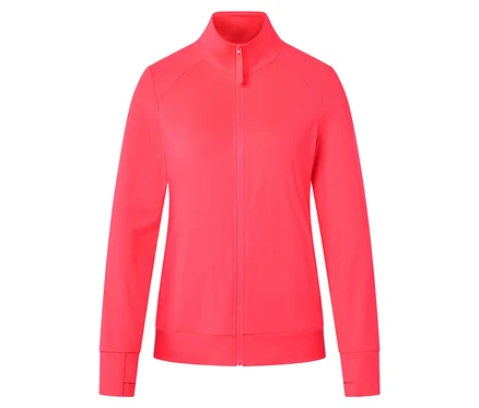 Jasně růžová sportovní bunda na zip na bílém pozadí.