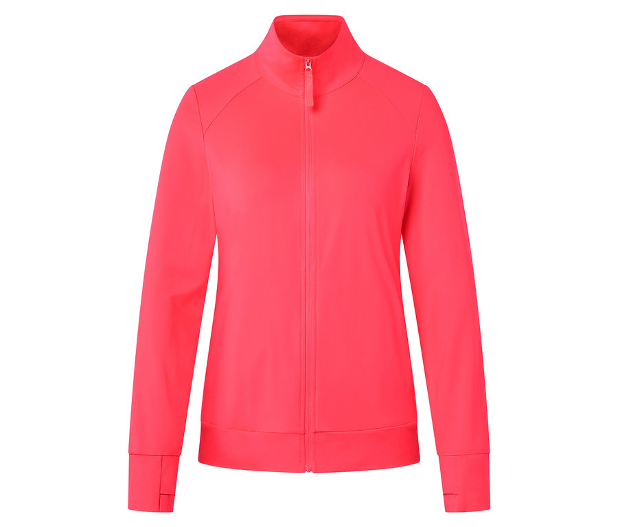 Jasně růžová sportovní bunda na zip na bílém pozadí.