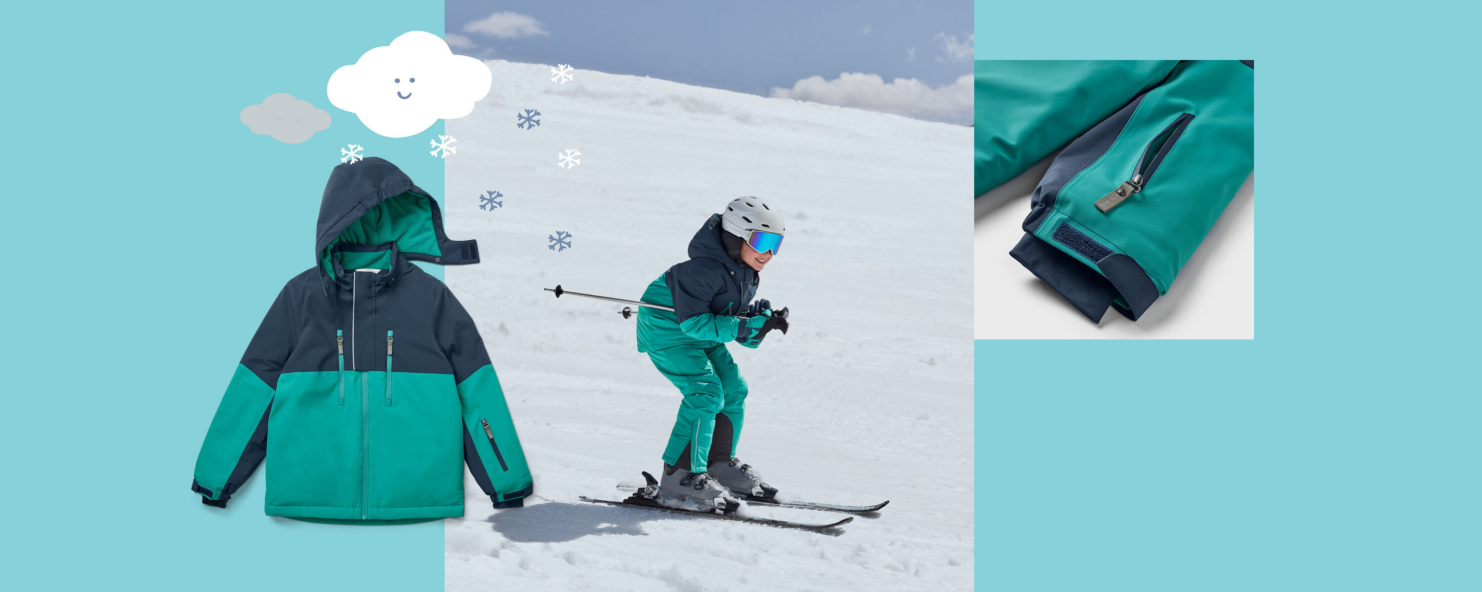 Dítě lyžuje na zasněženém svahu v modrozelené bundě a kalhotách. Vlevo je modrozelená bunda a vpravo detail kapsy na rukávu.