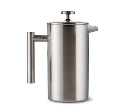 Dvoustěnná konvička french press z ušlechtilé oceli o objemu 900 ml, s broušeným povrchem, uchem a víkem s pístem.