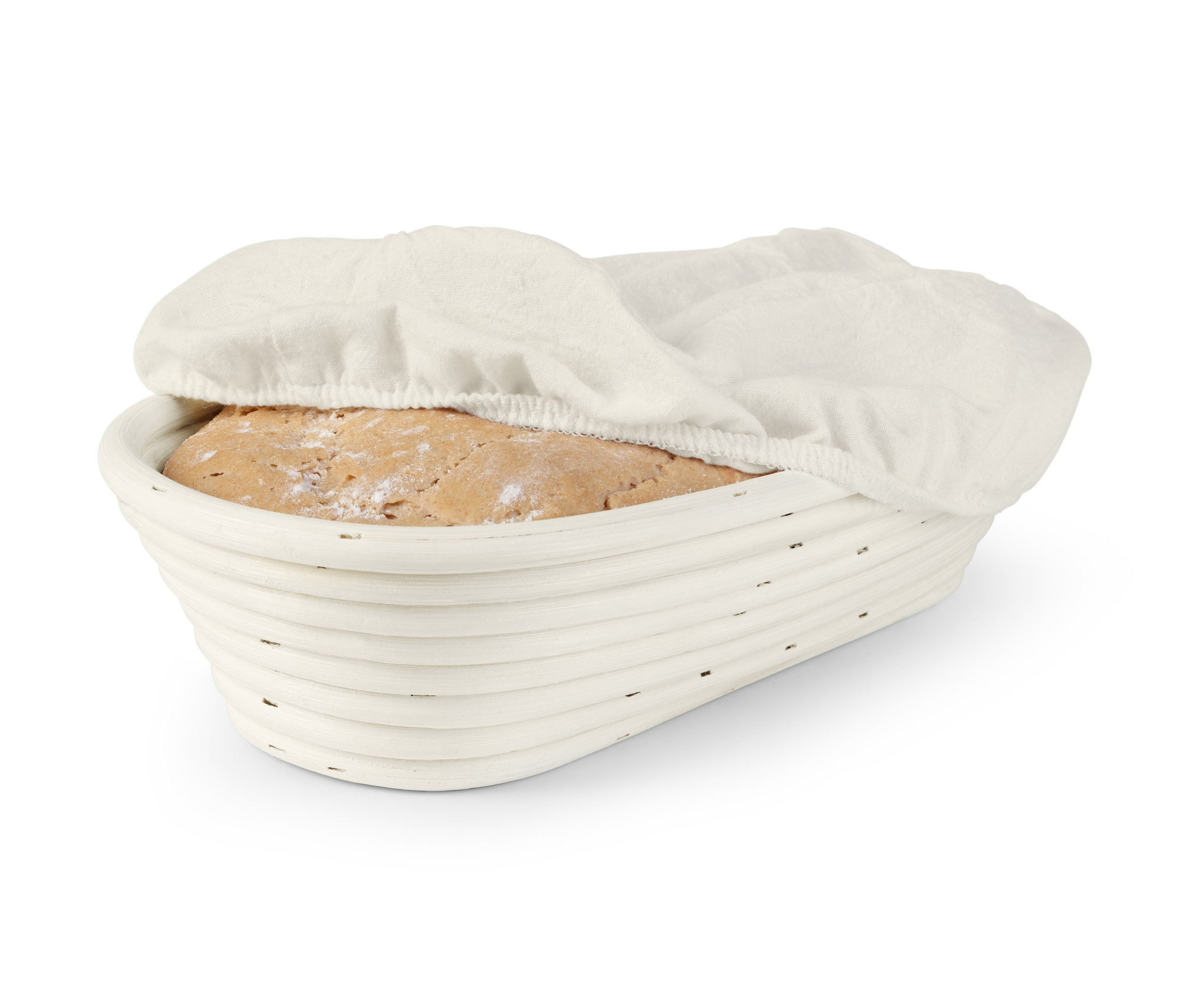 Chléb v ošatce na kynutí těsta, oválná, přikrytý látkou.