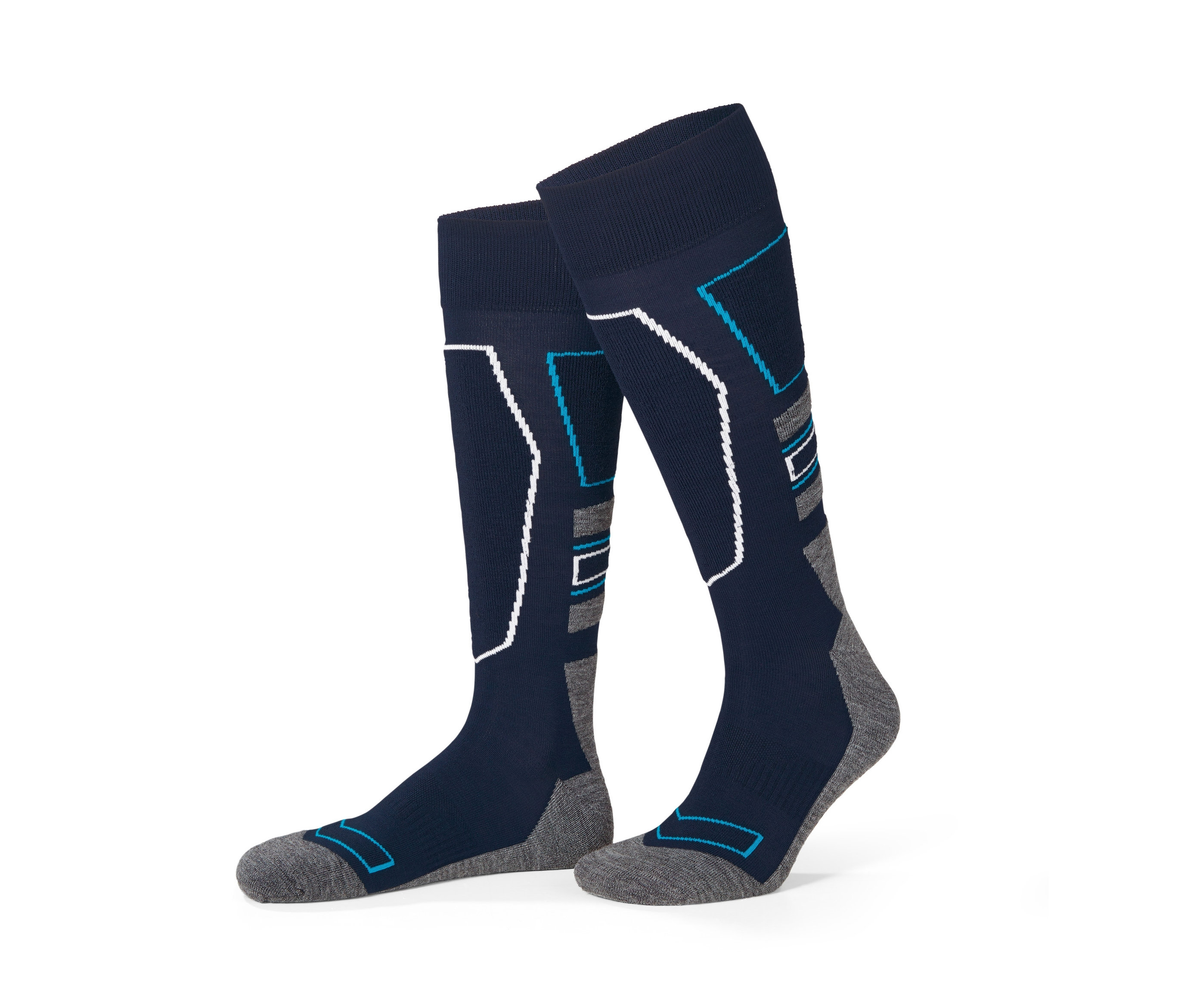 Dvě lyžařské termoponožky s vlnou tmavě modré barvy se šedou patou a špičkou.