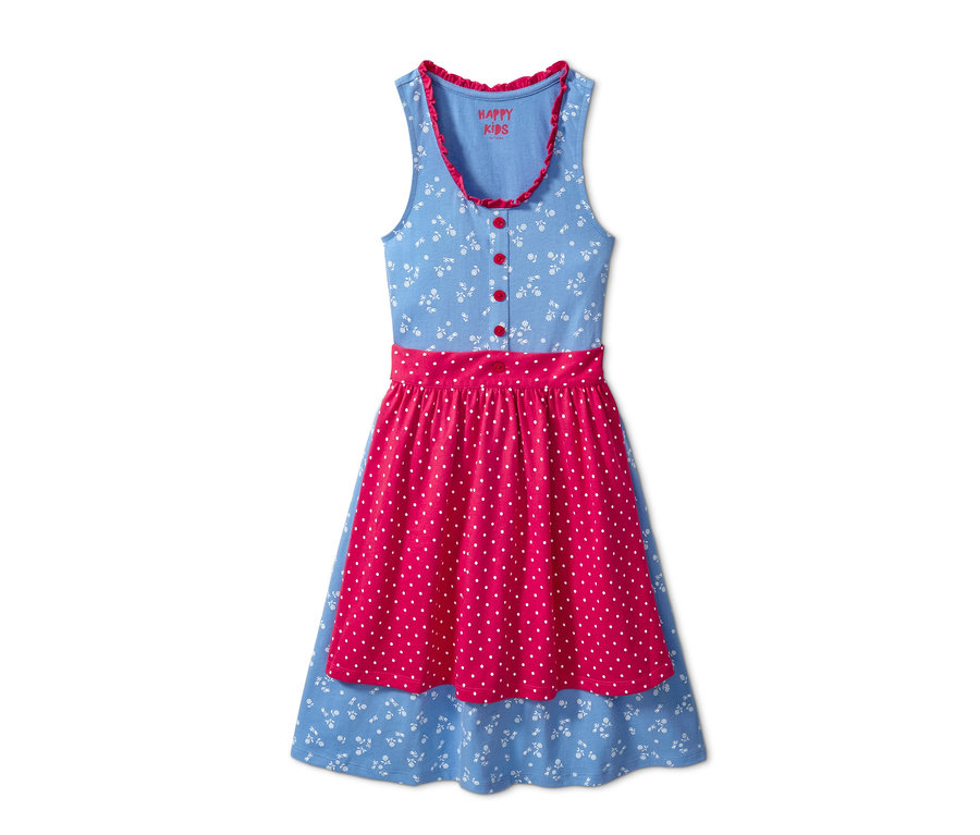 Modré dirndl s červenou zástěrou s bílými puntíky.