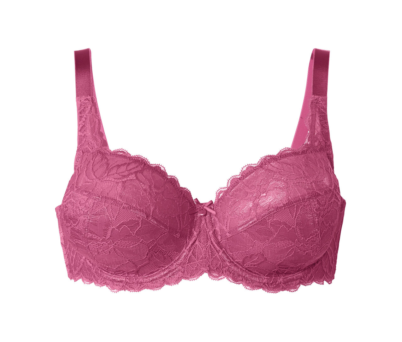 Růžová podprsenka s kosticemi na bílém pozadí.