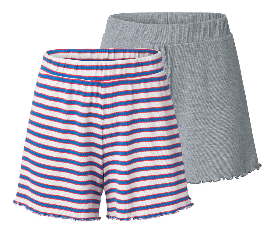 Dvoje žebrované šortky: jedny modro-červeno-bílé proužkované, druhé šedé.
