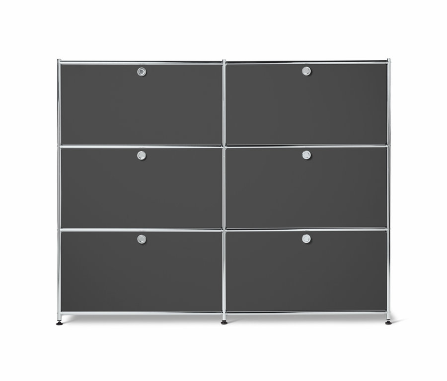 Šedá kovová komoda CN3 se 6 výklopnými dvířky.