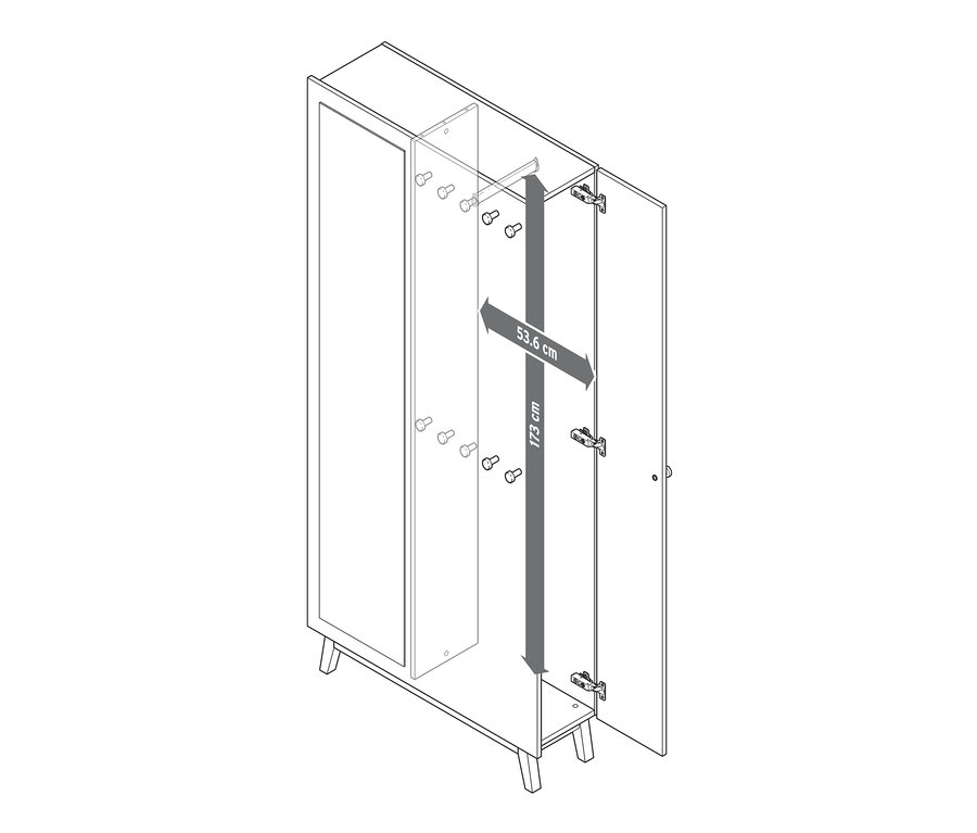 Nákres multifunkční skříně do předsíně s otevřenými dveřmi a rozměry 53,6 cm a 173 cm.