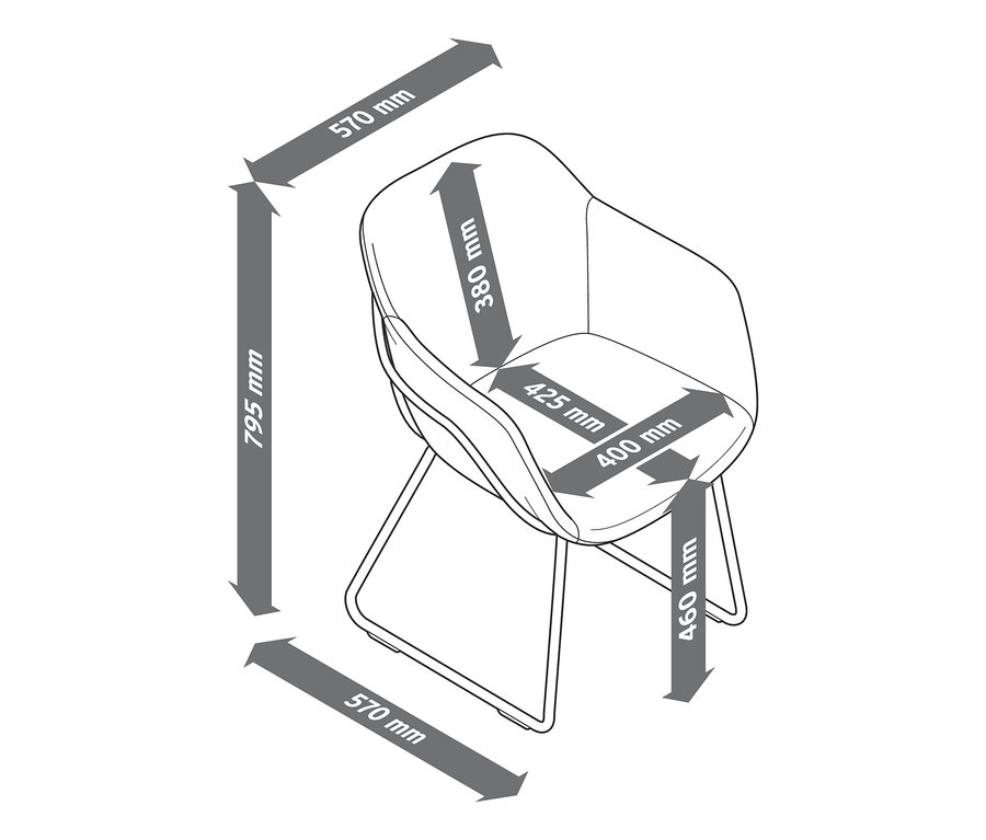 Nákres polstrované židle s kovovou konstrukcí a vyznačenými rozměry.