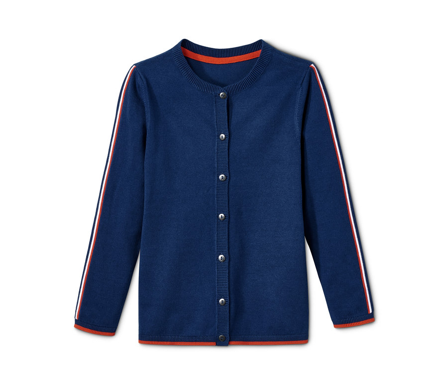 Tmavě modrý pletený kabátek s knoflíky a červeno-bílými pruhy na rukávech.