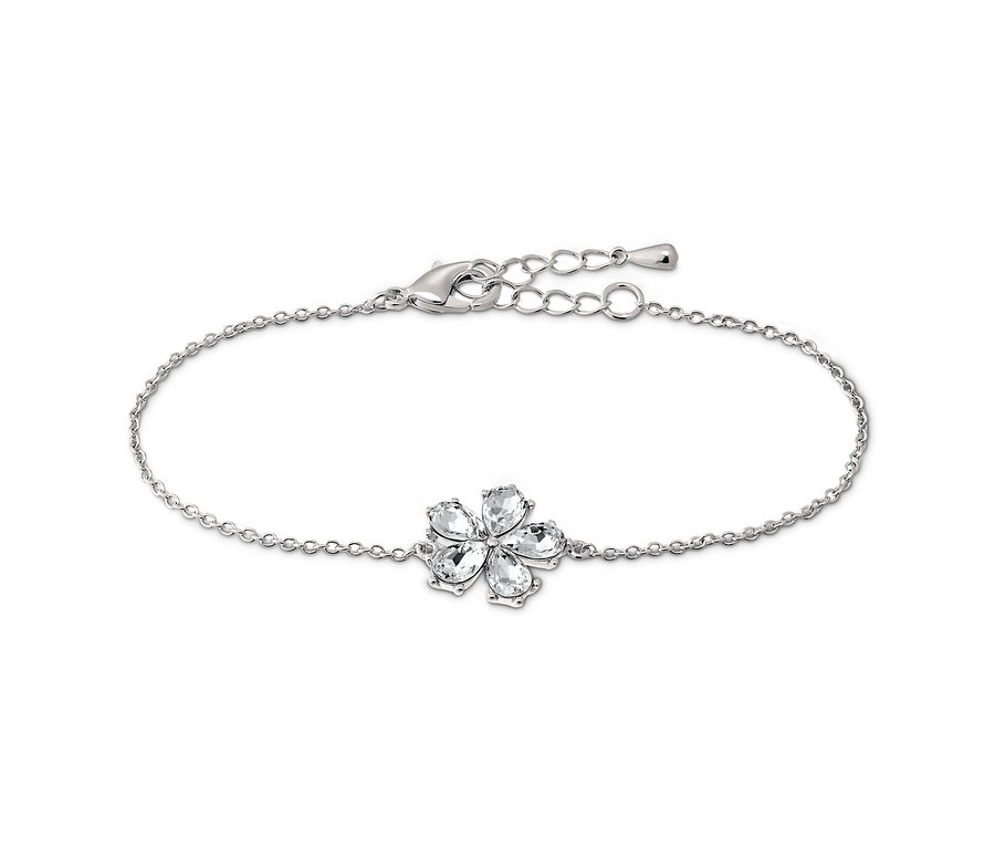 Náramek, rhodiovaný, s květem ze skleněných kamínků.