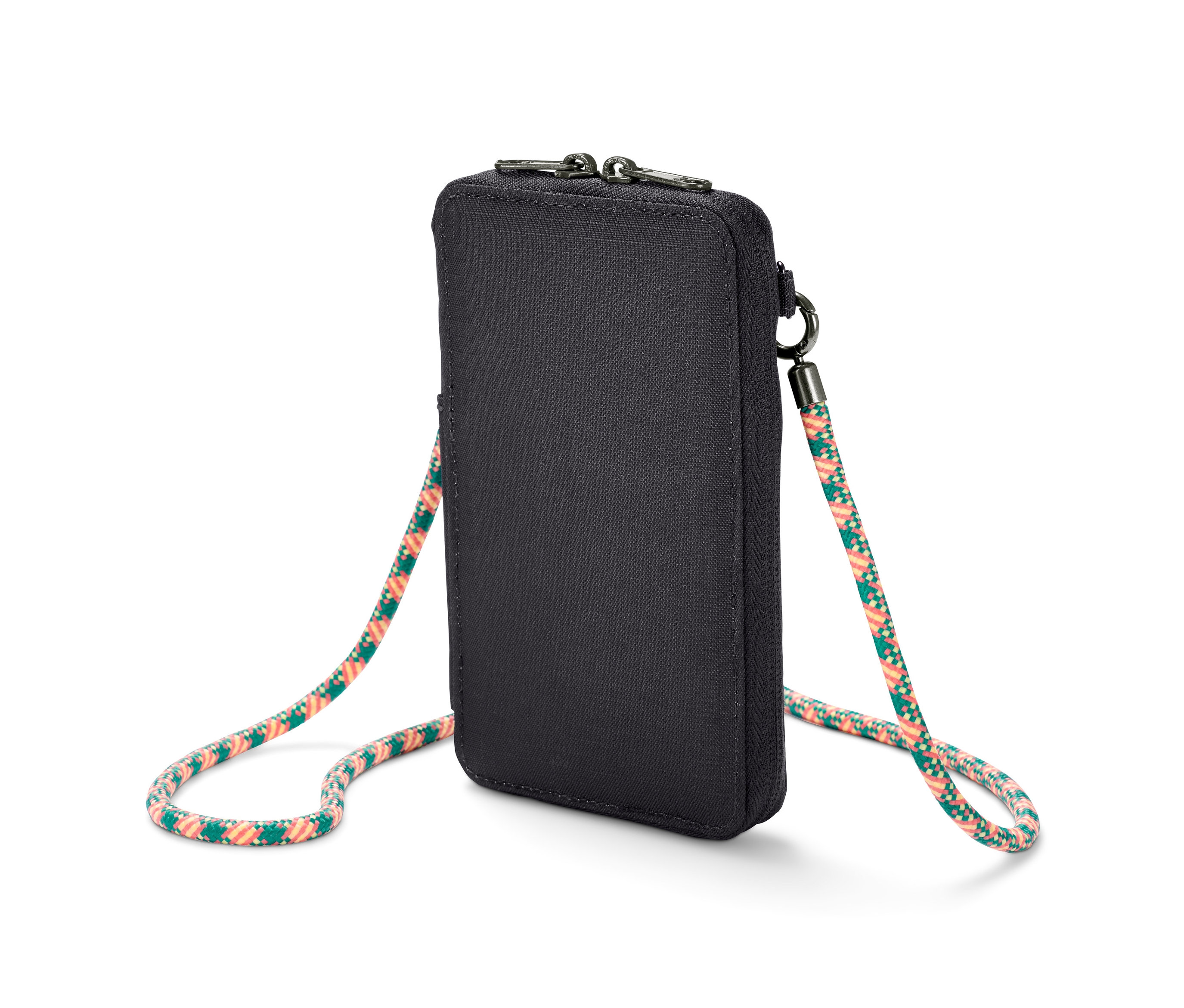 Černé multifunkční pouzdro se vzorovaným popruhem.