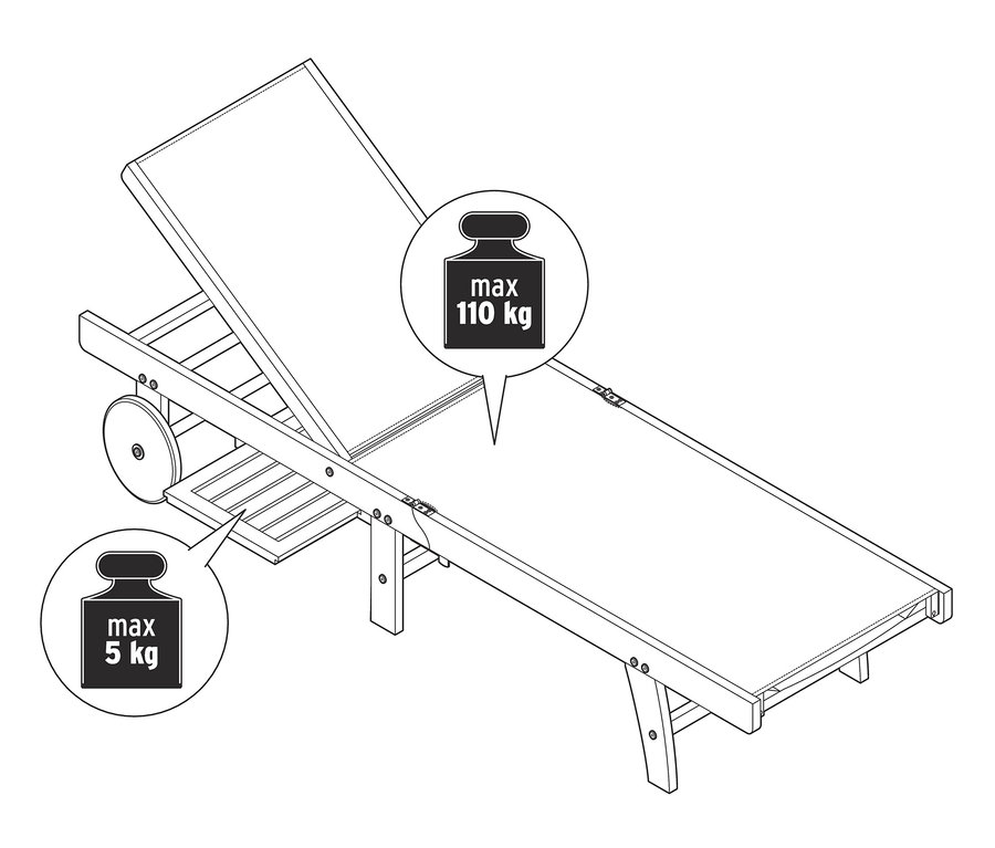 Černobílá ilustrace zahradního lehátka s textilním potahem a výsuvným odkládacím stolkem Lenja. Maximální nosnost lehátka je 110 kg, stolku 5 kg.