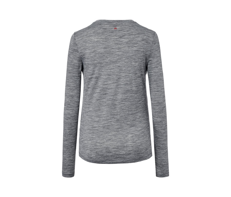 Šedé funkční triko s dlouhým rukávem a vlnou merino, pohled zezadu.