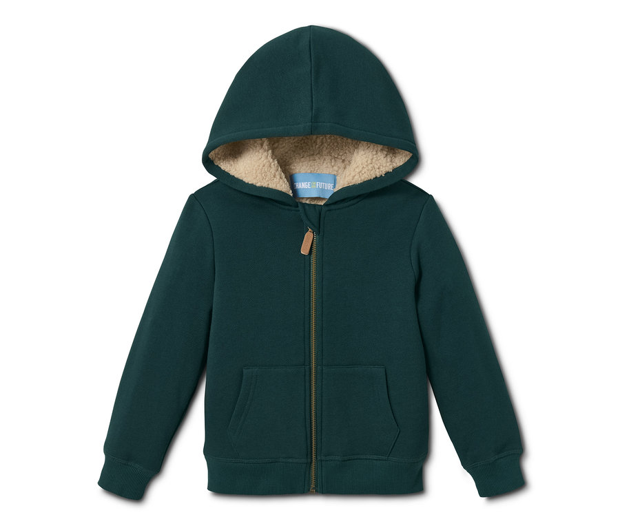 Zelená mikina s kapucí se zipem a podšívkou z umělé kožešiny.