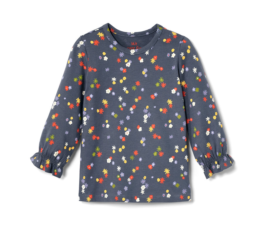 Modré tričko s dlouhým rukávem pro batolata s květinovým vzorem.