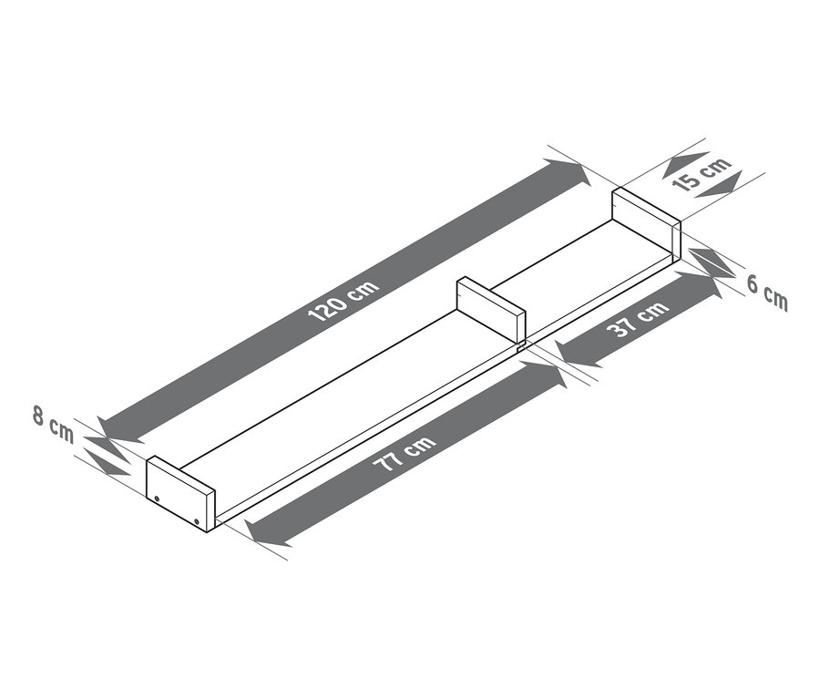 Náčrt nástěnné police o délce cca 120 cm.
