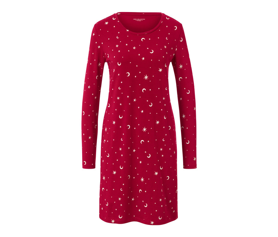 Červená noční košile s dlouhým rukávem a potiskem hvězd a měsíců.