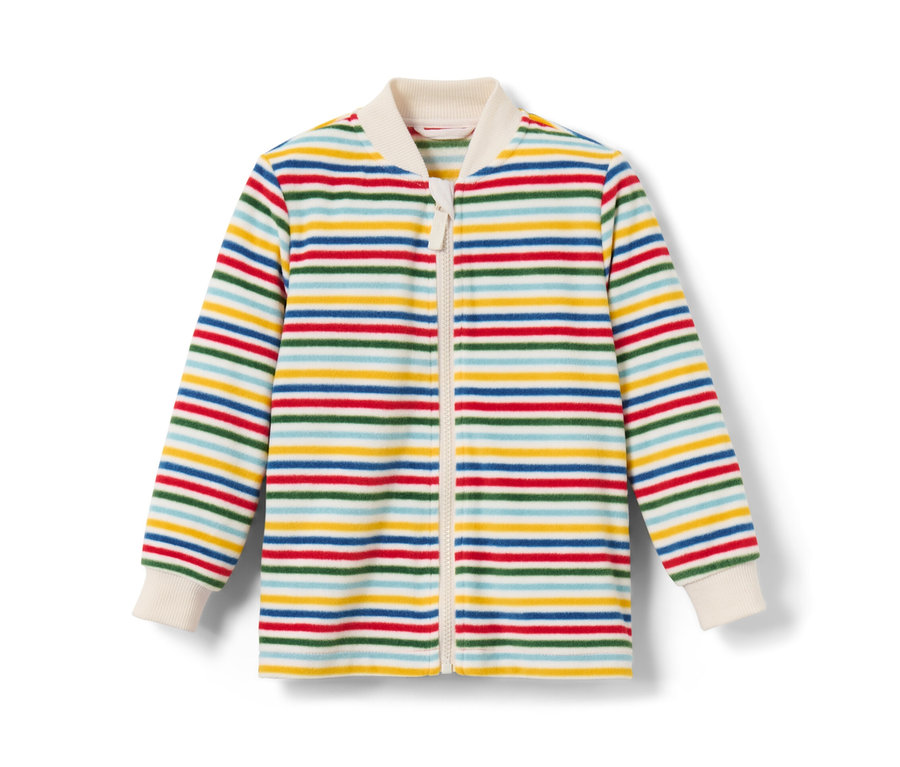 Dětská outdoorová bunda 3 v 1 s barevnými vodorovnými pruhy.