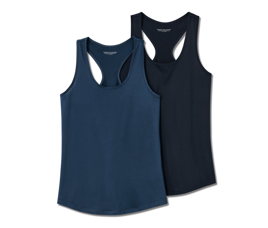 Dva sportovní topy, jeden modrý a jeden tmavě modrý.
