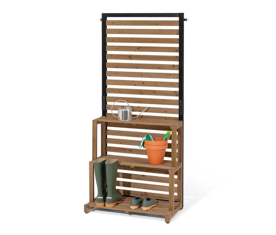 Modul zástěny s policí »Elin« s holínkami, botami, konví a květináčem.