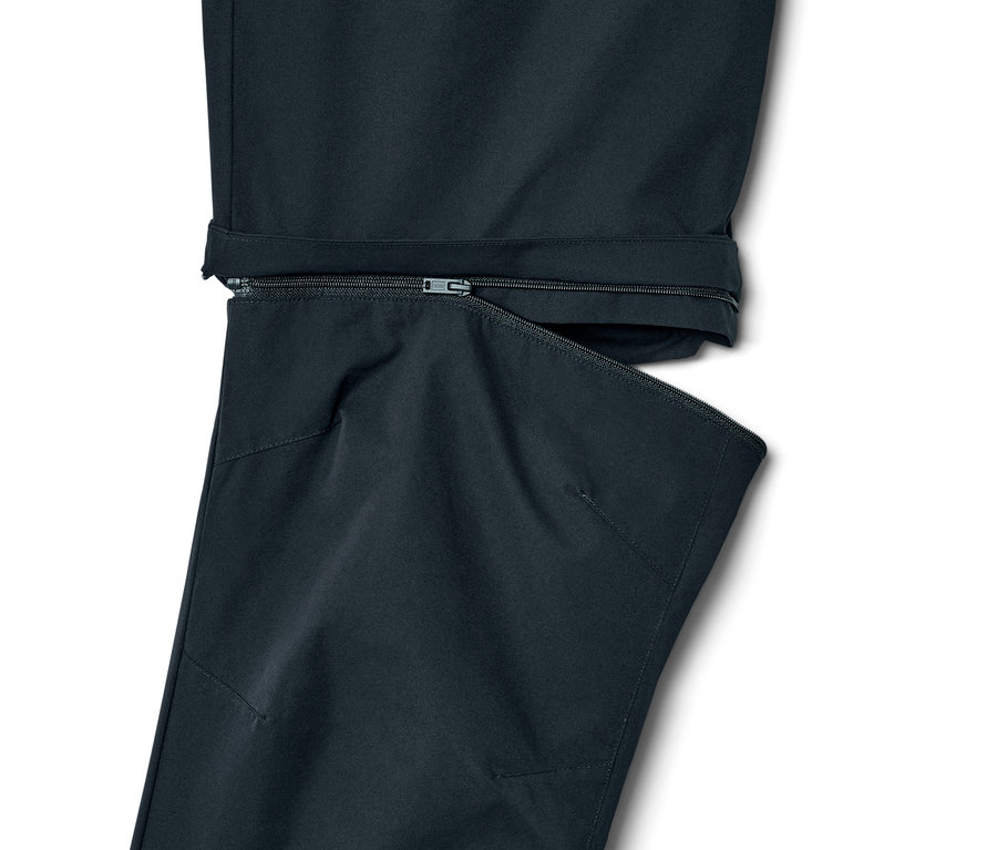 Detail funkčních kalhot 2 v 1, námořnická modrá, se zipem.