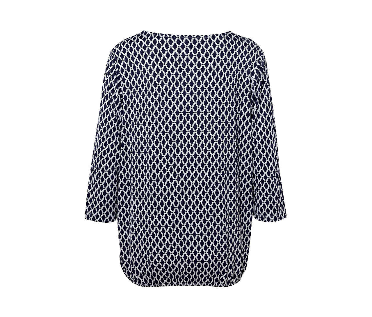 Detail dámského halenkového trika s potiskem.