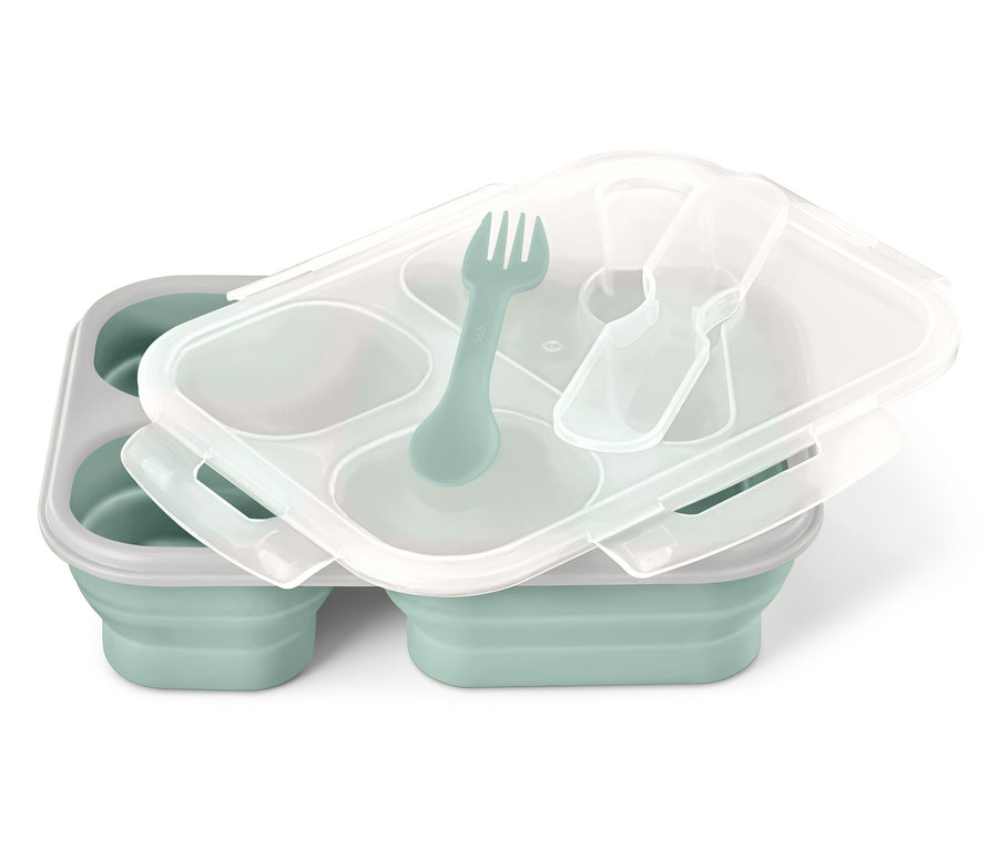 Tyrkysový skládací box na oběd s průhledným víkem, vidličkou a lžící.