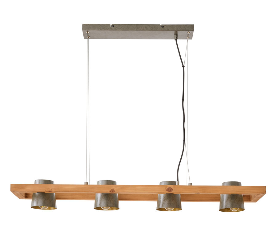 Dřevěné stropní svítidlo se čtyřmi kovovými stínidly.