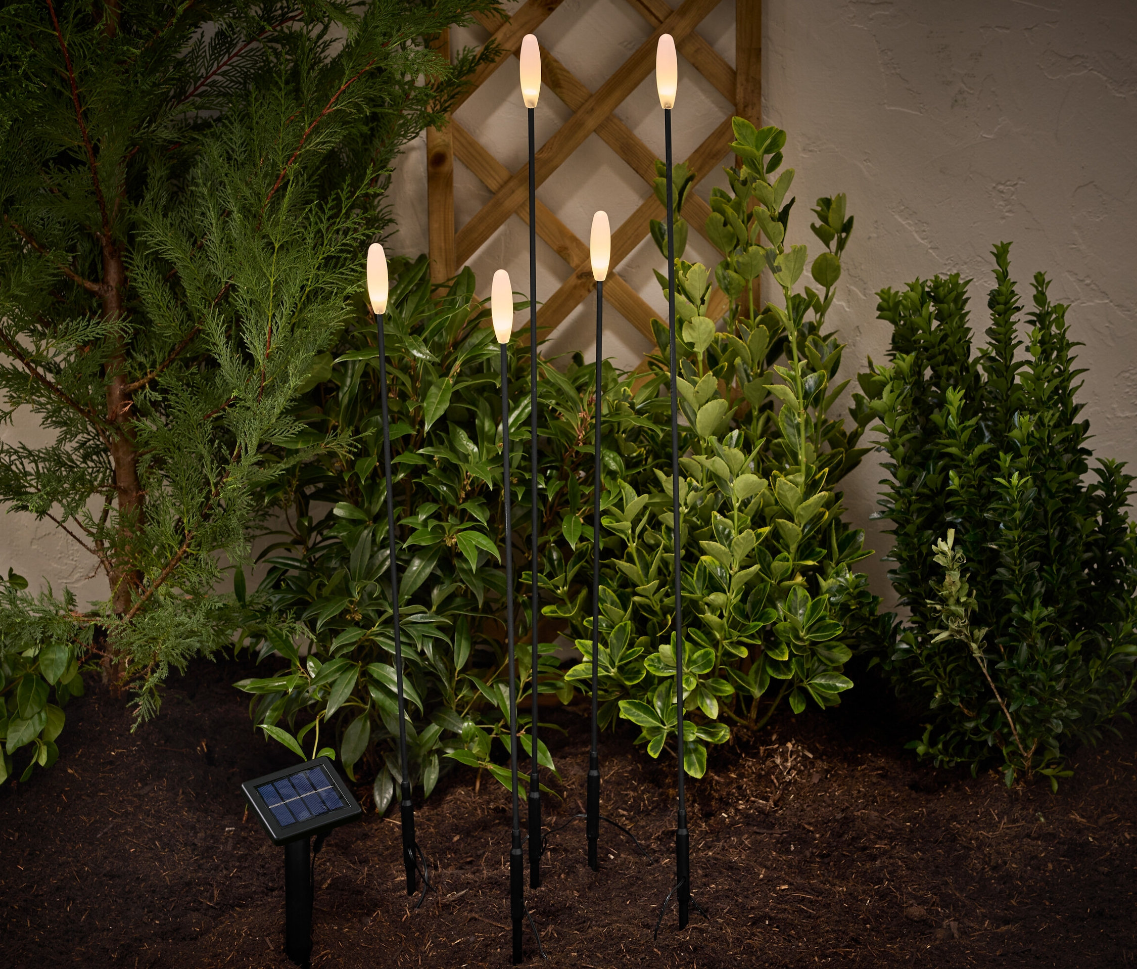 V zahradě jsou zapíchnuté solární LED lampy, 5 ks.