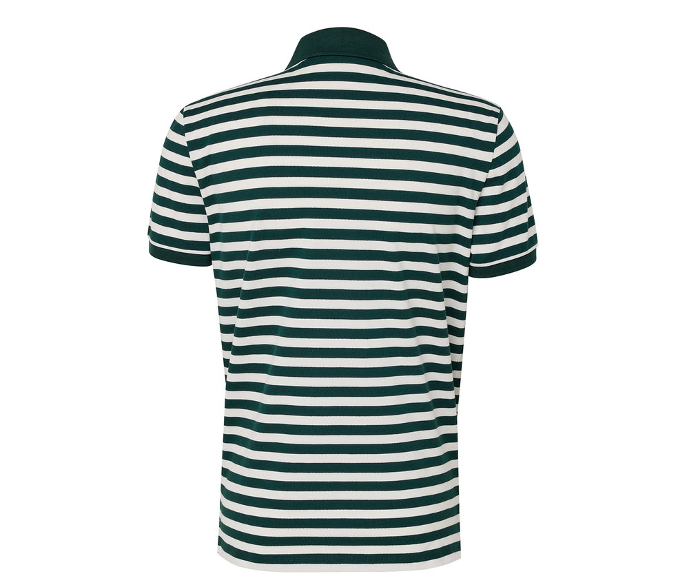 Zadní pohled na polokošili z piké se zelenými a bílými vodorovnými pruhy.