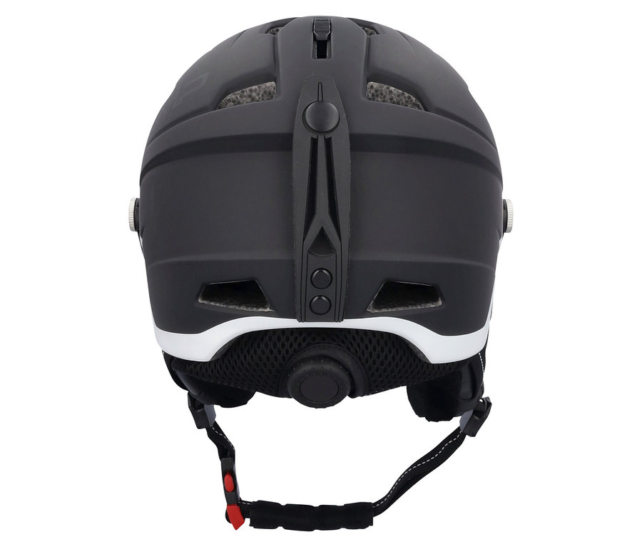 Pohled zezadu na matnou černou helmu s bílým lemem a černým popruhem.