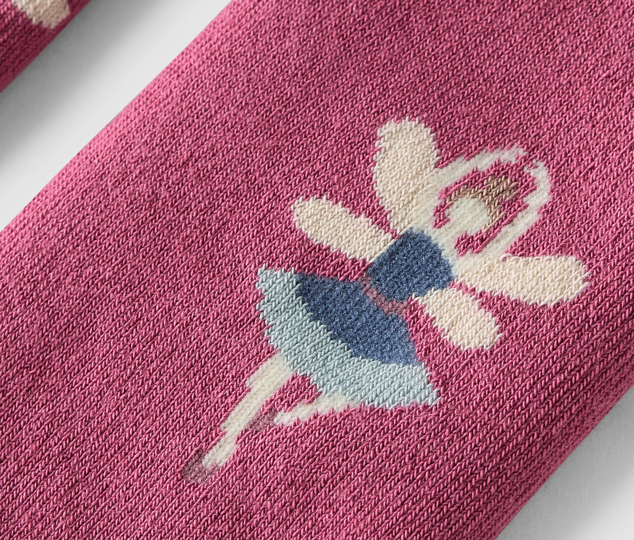 Detail růžové ponožky s baletkou v modrých šatech a bílých křídlech.