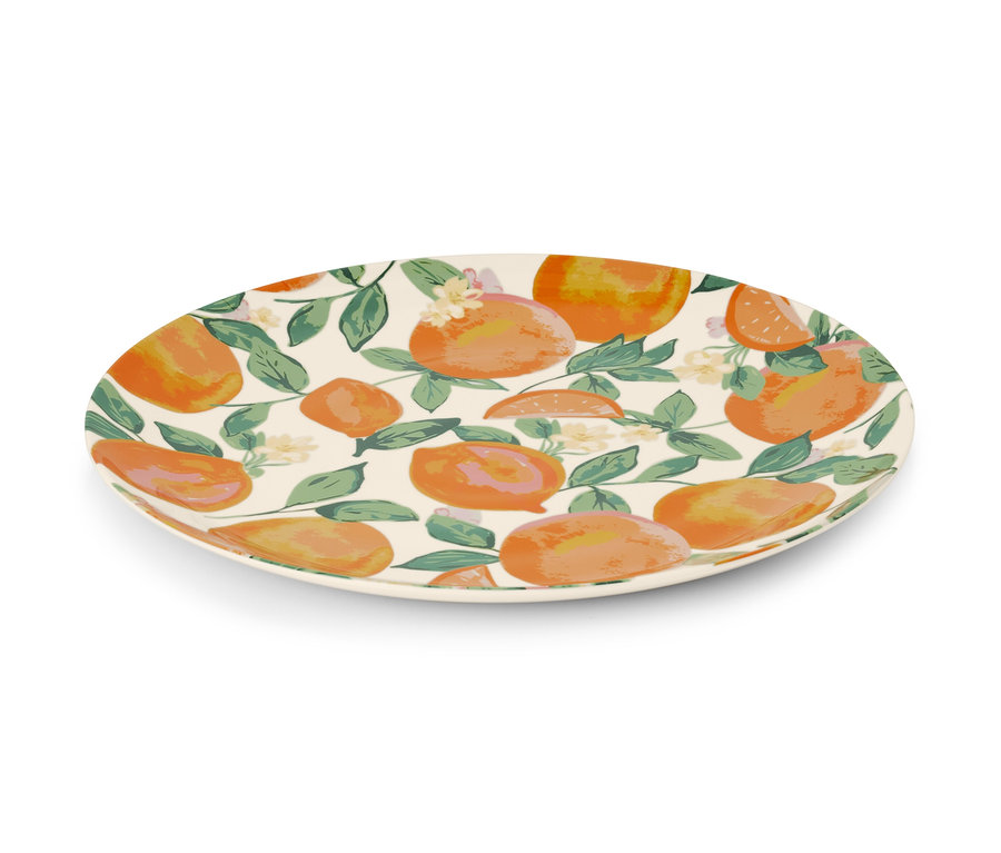 Oválný servírovací talíř s potiskem pomerančů a listů.